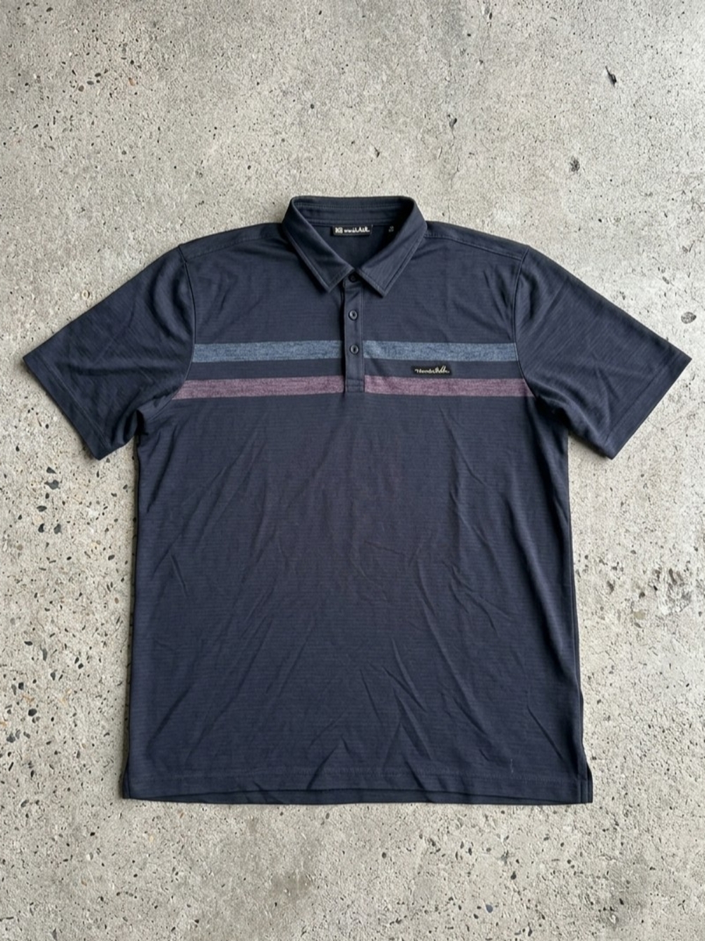 Travis Mathew Black Polo with Blue and Burgundy Chest Stripes Size XL